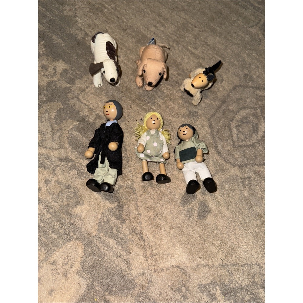 Pottery Barn Family Dogs Boy girl Dollhouse Wood Bendy Dolls Set of 6